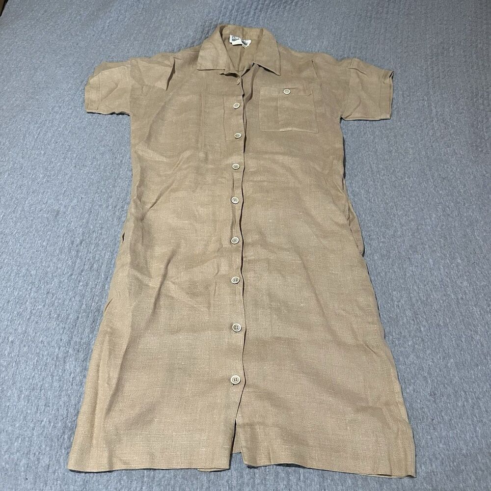 Vintage Stefano Studio Linen Shirt Dress Beige Collared Short Sleeve Cottage S